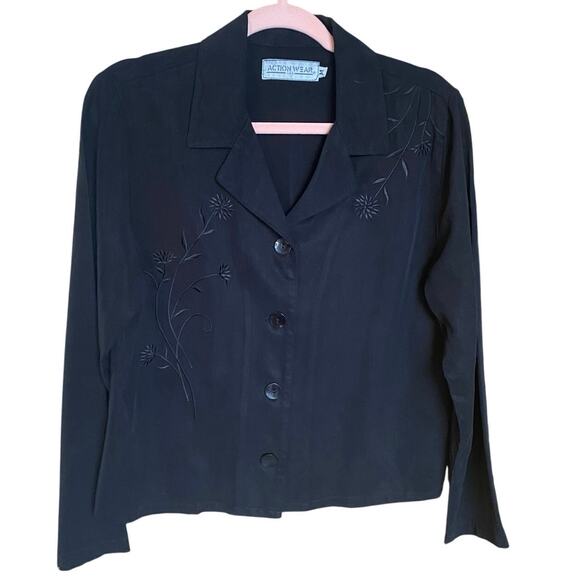 Vintage Action Wear USA Black Tencel Lyocell Embroidered Jacket shacket Medium - Picture 2 of 8